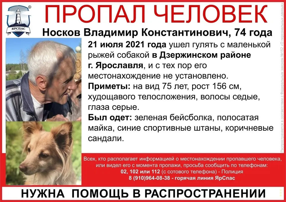 В Ярославле пенсионер ушел гулять с собакой и пропал