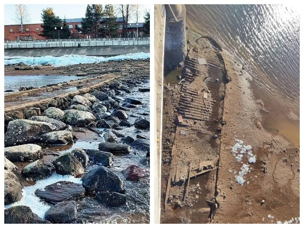 В Рыбинске из-за обмеления Волги обнажилась затонувшая баржа